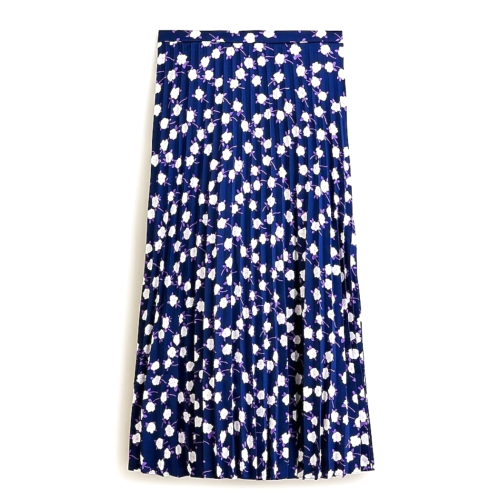 New! J Crew sz 2 Pleated Midi Navy Blue Skirt Scattered Peony NWT